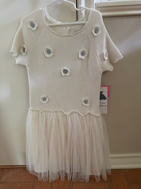 Rare Editions Cream Knit Dress with Floral Appliqués and Tulle Skirt